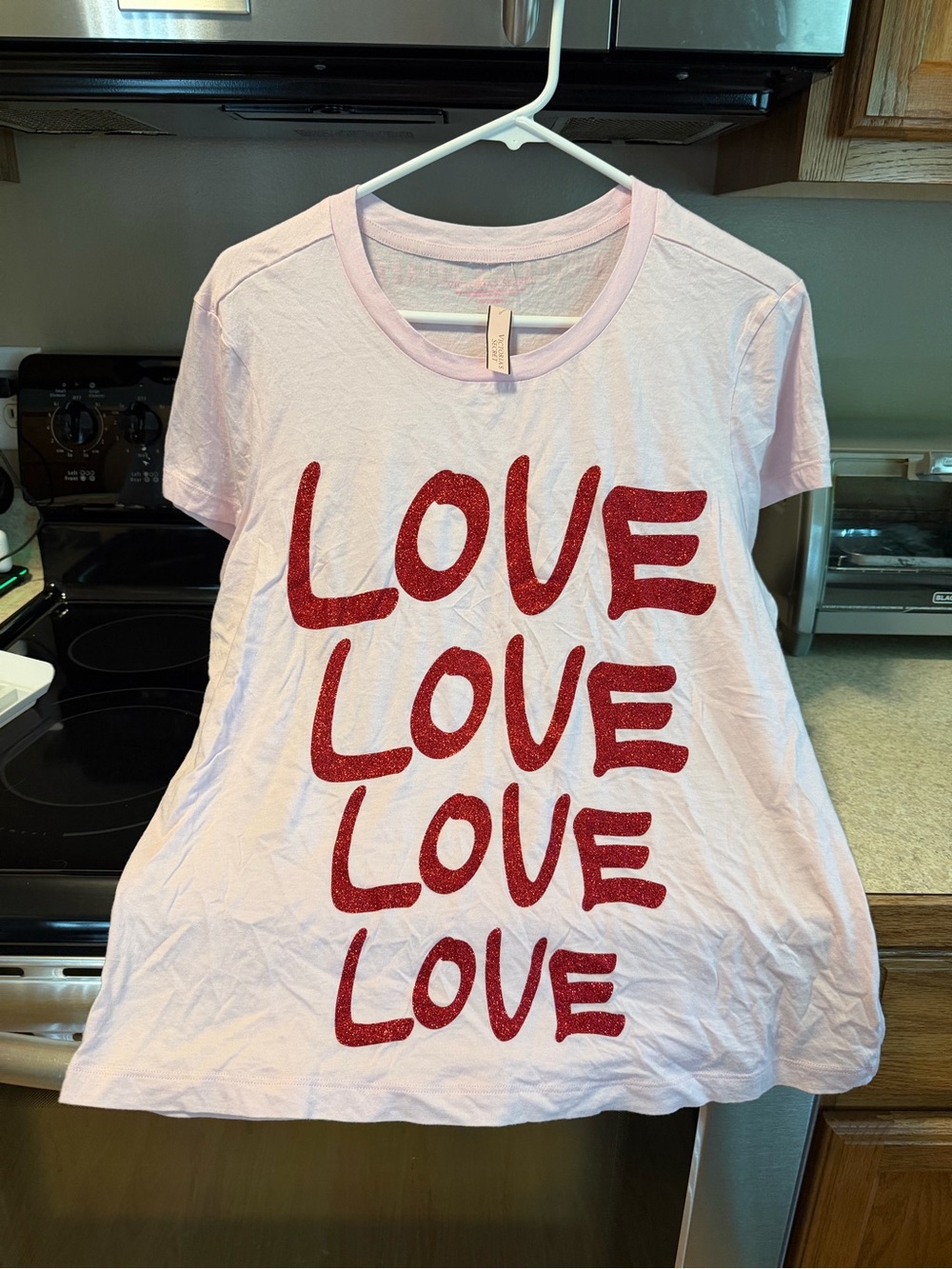 Pink 'Love' Graphic Tee - Red Glitter Text